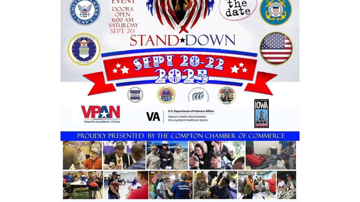 Flyer for 22nd Annual Compton Veterans Stand Down, September 20–22, 2025, at Compton Community College, offering services and support for veterans.