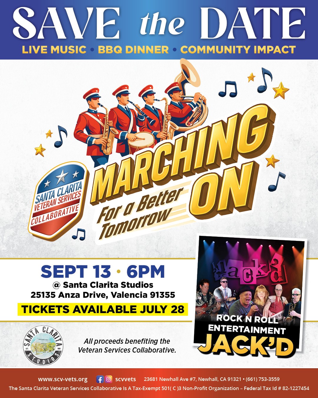 "Poster for Marching On event, Sept. 13, 2025 at Santa Clarita Studios, with music by Jack&rsquo;d. Tickets available July 28.