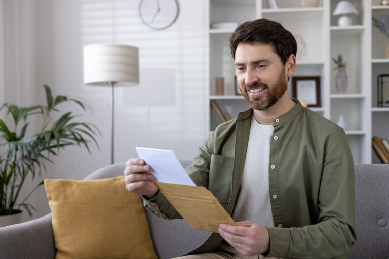 Man with a beard, looking at a document with a happy expression