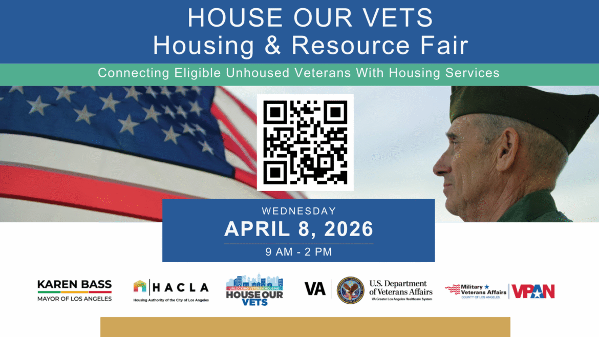 House Our Vets Housing and Resource Fair on April 8, 2026, from 9 AM to 2 PM, connecting eligible unhoused veterans with housing services; includes QR code and partner logos.