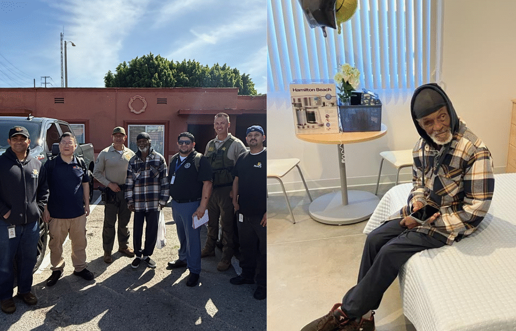Split image showing a veteran with outreach staff as he is placed into temporary hotel lodging on the left, and on the right, the same veteran seated in his room at St. Andrews supportive housing, marking his transition into stable housing.