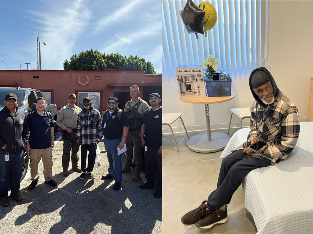 Split image showing a veteran with outreach staff as he is placed into temporary hotel lodging on the left, and on the right, the same veteran seated in his room at St. Andrews supportive housing, marking his transition into stable housing.