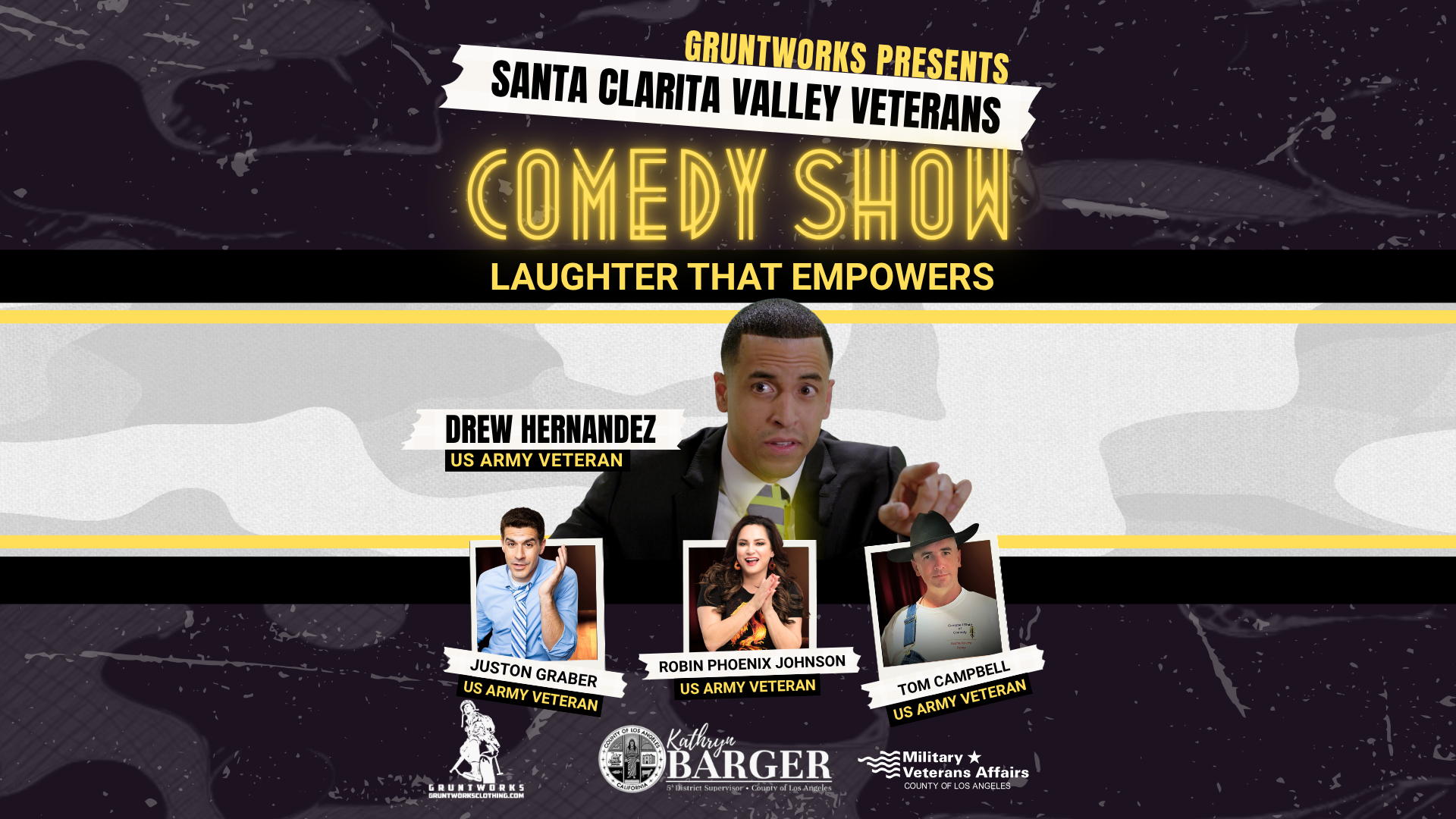 Graphic banner for a Santa Clarita Valley Event featuring 4 US Army Veteran Comedians