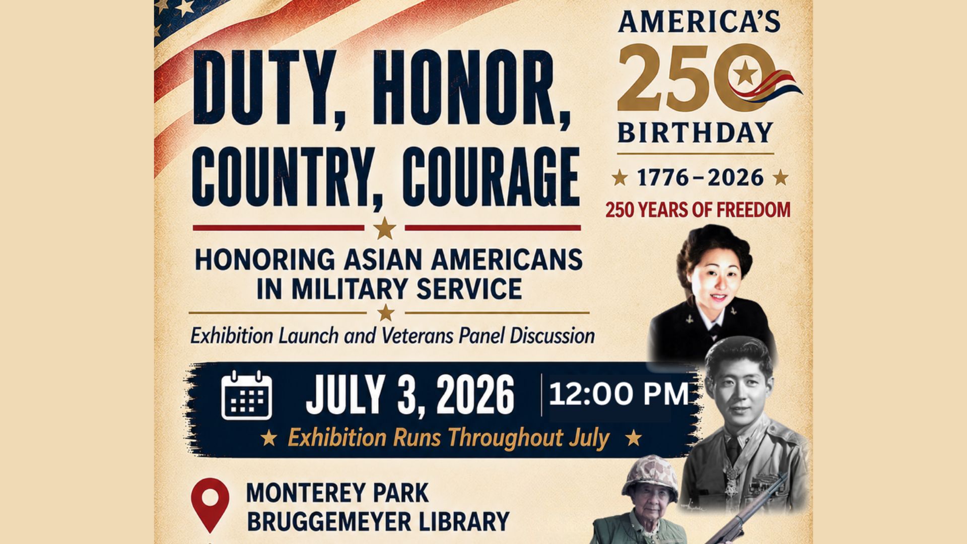 Banner promoting the "Duty, Honor, Country, Courage" exhibition honoring Asian Americans in military service at Monterey Park Bruggemeyer Library on July 3, 2026.