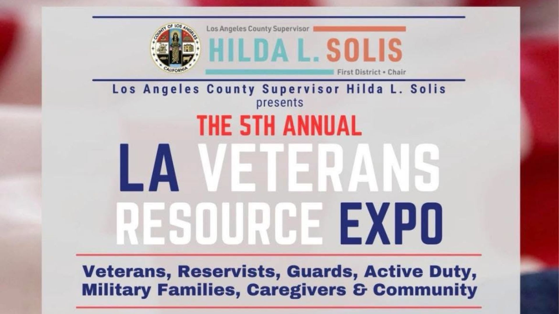 Graphic promoting the 5th Annual LA Veterans Resource Expo for veterans, military families, caregivers, and the community.