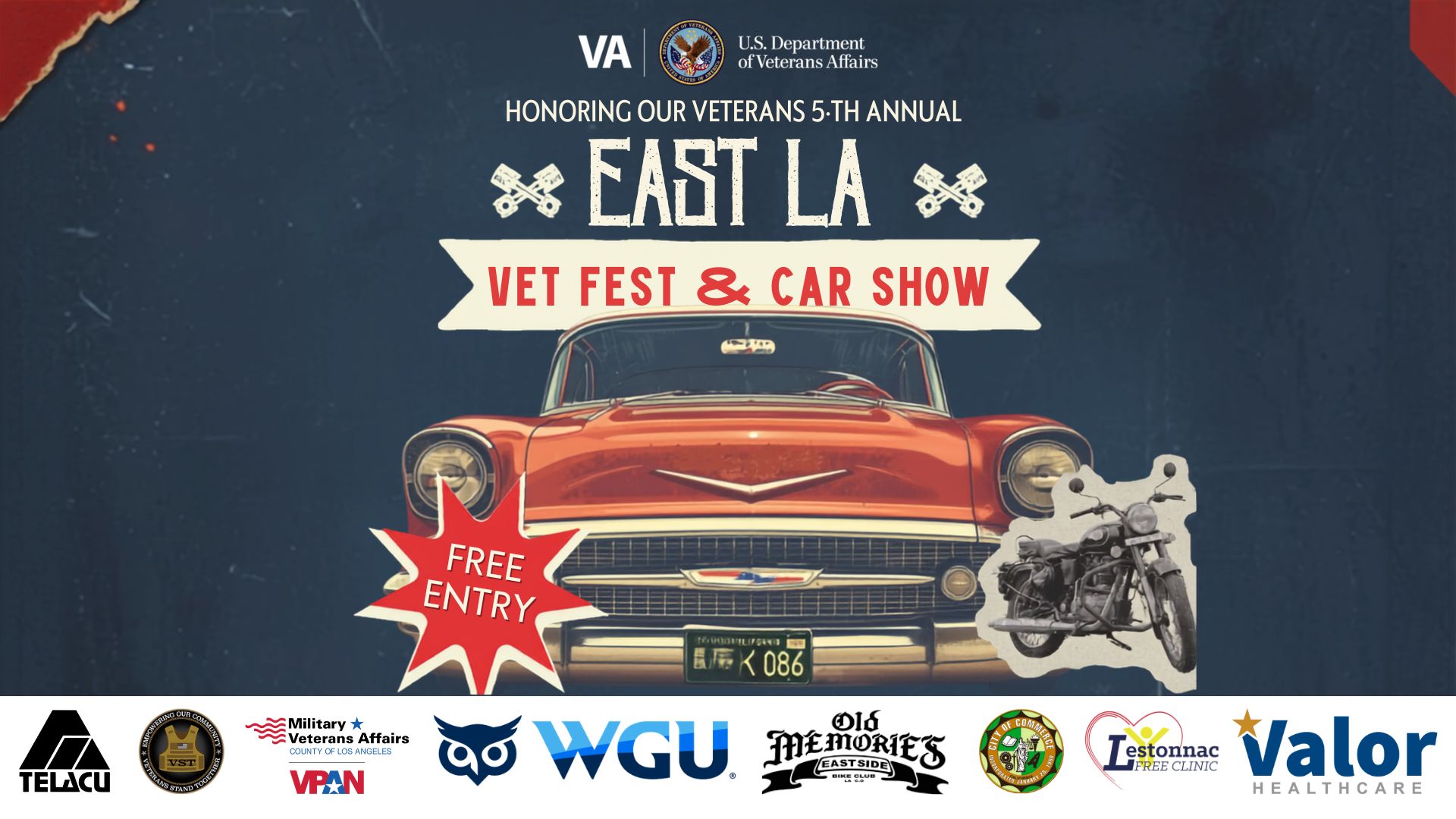 Flyer for the 5th Annual East LA Vet Fest & Car Show featuring a classic car, motorcycle, and free admission.
