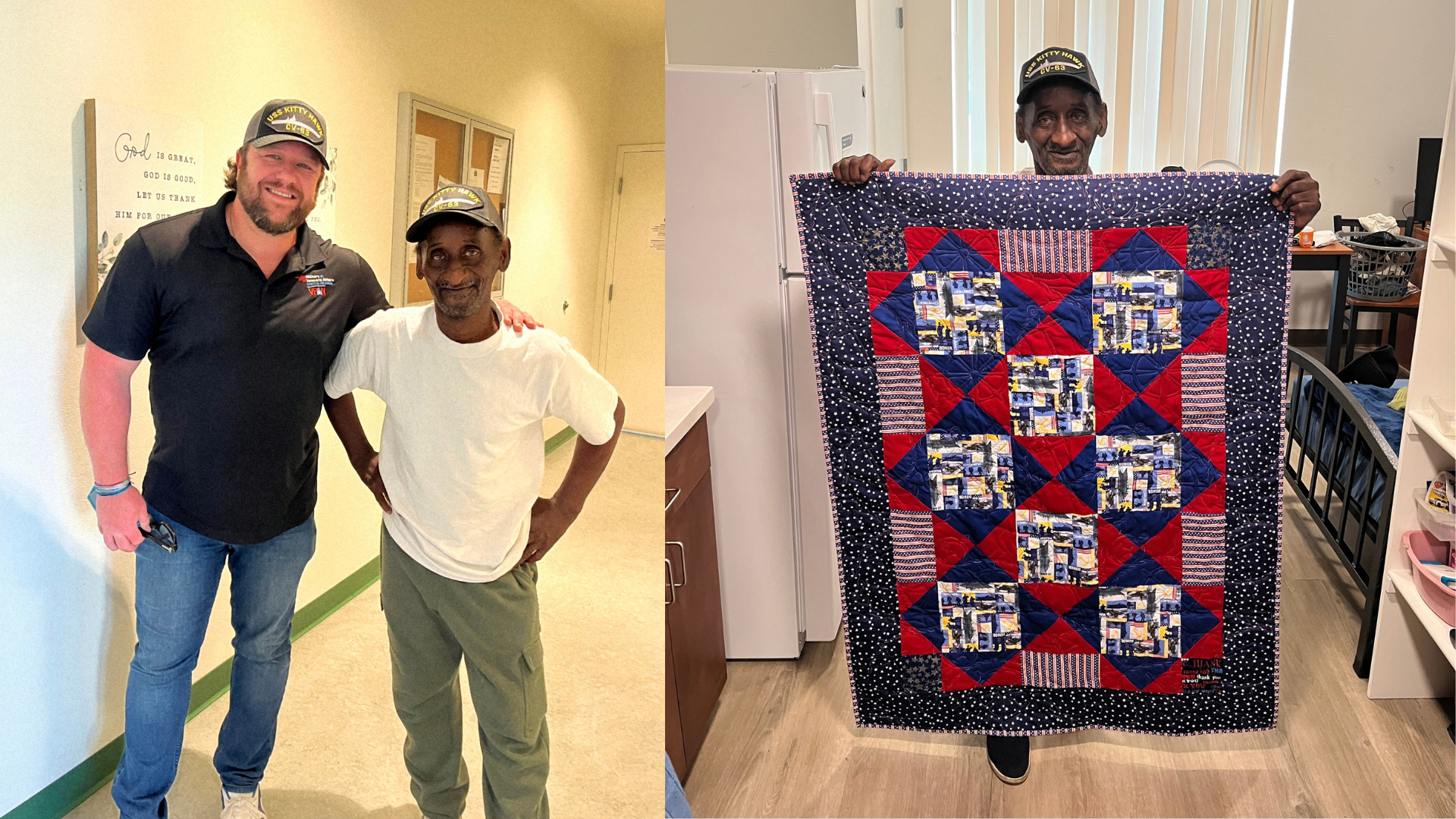 Navy veterans Brock Milhorn and Gary Davis stand together at the Pasadena Hope Center. In a second photo, Davis holds a red, white and blue patriotic quilt in his new home.