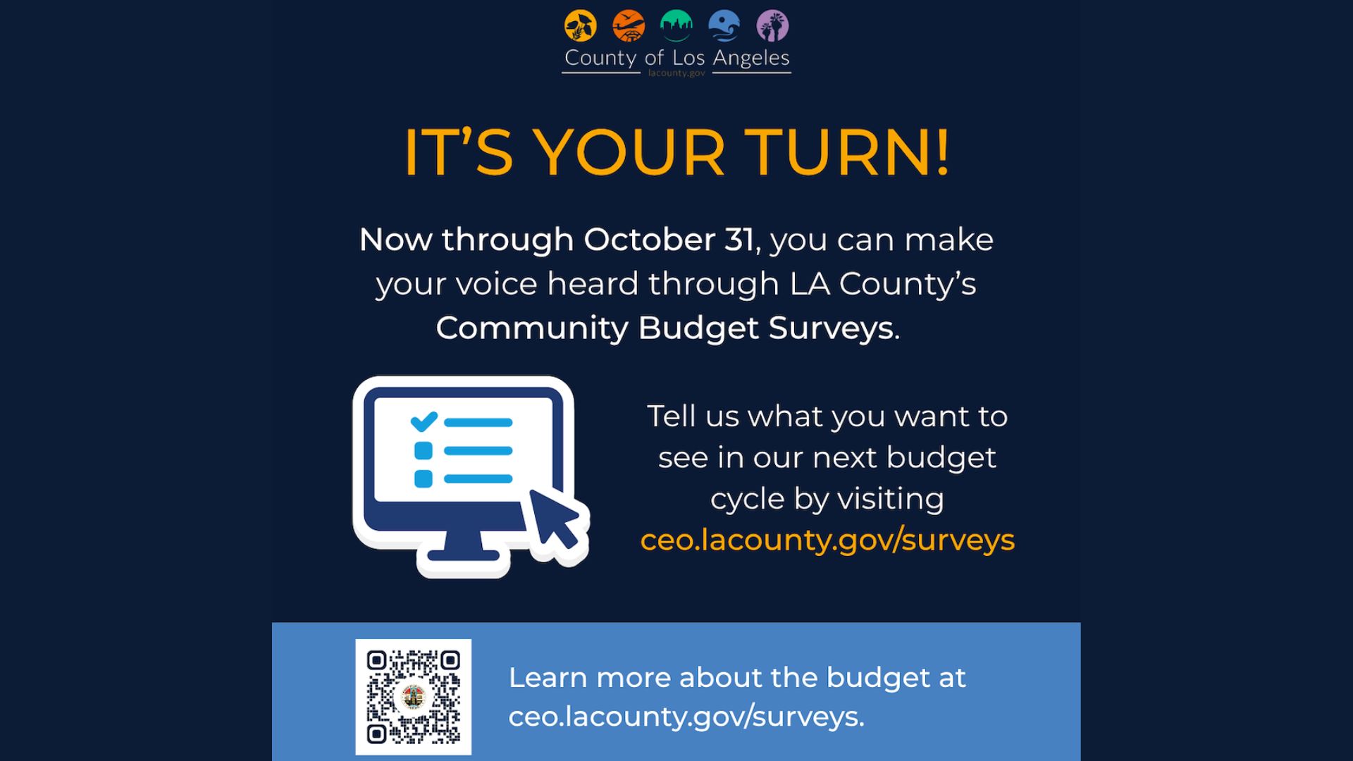 LA County Community Budget Surveys graphic inviting residents to share their budget priorities through October 31, 2026, at ceo.lacounty.gov/surveys.