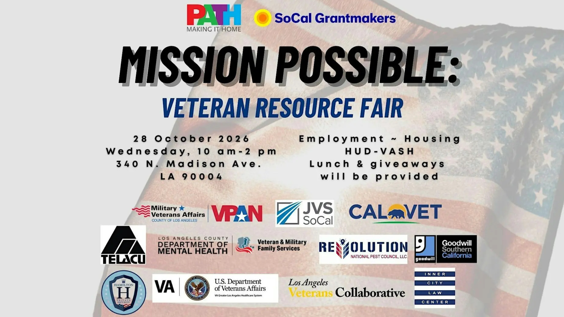 Promotional graphic for PATH&rsquo;s Mission Impossible: Veteran Resource Fair on October 28, 2026, at 340 N. Madison Ave., Los Angeles. Features an American flag background and participating organization logos.
