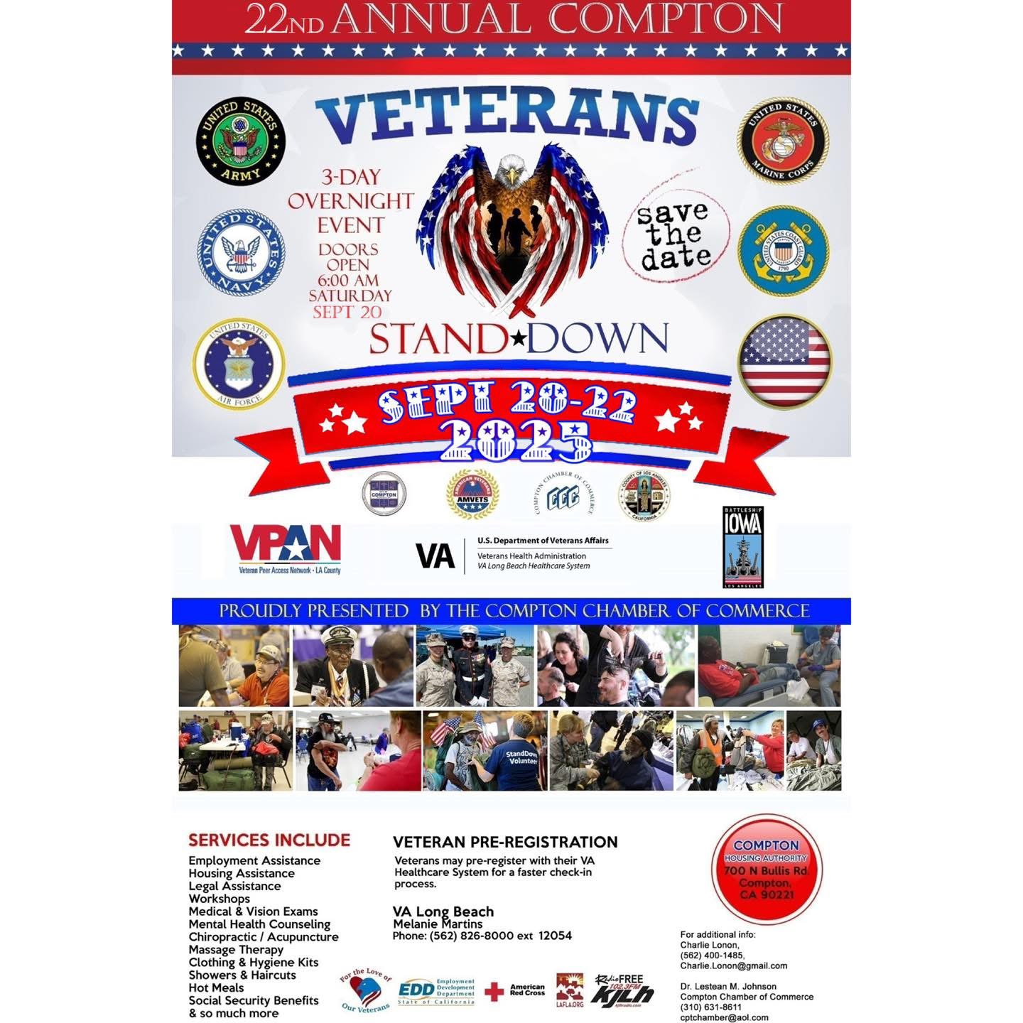 Flyer for 22nd Annual Compton Veterans Stand Down, September 20–22, 2025, at Compton Community College, offering services and support for veterans.