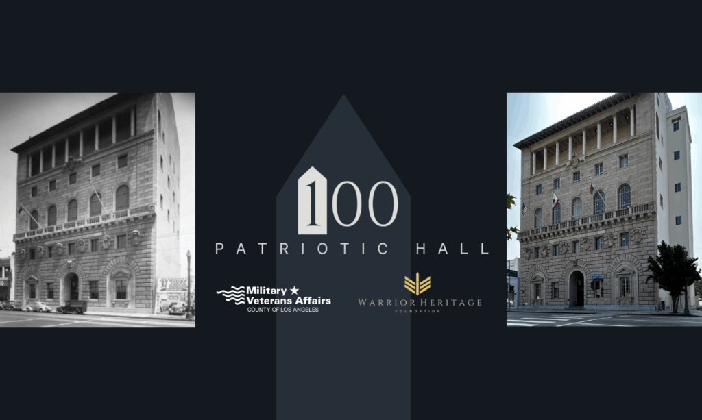 Centennial graphic showing Bob Hope Patriotic Hall then and now, with “100 Patriotic Hall” centered.