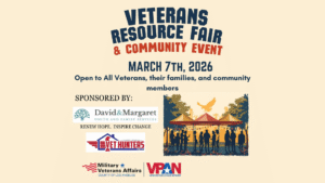 Flyer for a Veterans Resource Fair & Community Event on March 7, 2026, from 11:00 a.m. to 3:00 p.m. at La Verne Veterans Hall, 1550 Bonita Ave, La Verne, CA. Open to all veterans, their families, and community members. Sponsored by David & Margaret Youth and Family Services and Vet Hunters Project in partnership with Los Angeles County Military and Veterans Affairs (MVA) and the Veteran Peer Access Network (VPAN). Contact 909-632-3073 for provider or vendor information. Includes logos and an illustration of community members gathered under tents at sunset.