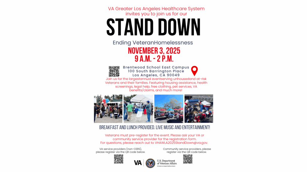 Flyer for VA Greater Los Angeles Healthcare System’s Stand Down on Nov. 3, 2025, at Brentwood School East Campus. Event offers housing help, health and legal services, clothing, pet care, and VA benefits for veterans. Breakfast, lunch, and live music provided.