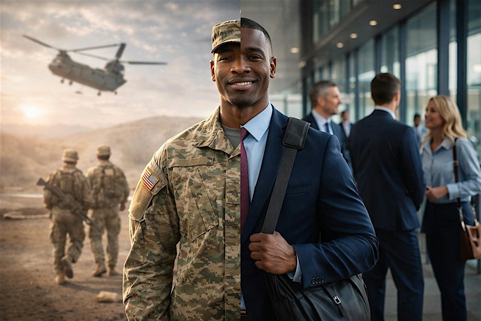 Veteran in uniform and business attire symbolizing career transition